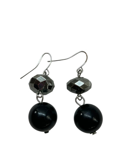 Silvertone Black Fish Hook Earrings 1.6 Inch Drop Pierced