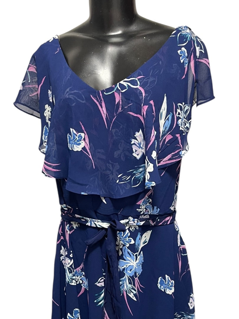 Size 24 Lane Bryant Floral Lined Split Flutter Sleeve Midi Dress Zipper Tie