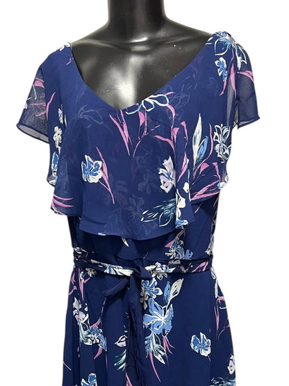 Size 24 Lane Bryant Floral Lined Split Flutter Sleeve Midi Dress Zipper Tie