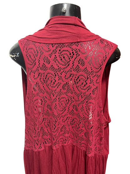 XL Coldwater Creek Womens Burgundy Open Vest Tunic Lace Detail