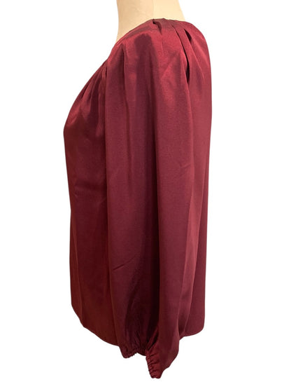 XS Loft Womens Burgundy Pullover Blouse Satiny Top V-Neck Long Sleeve