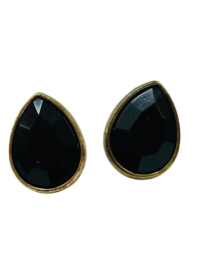 Goldtone Faceted Acrylic Black Post Pierced Earrings Teardrop .75"