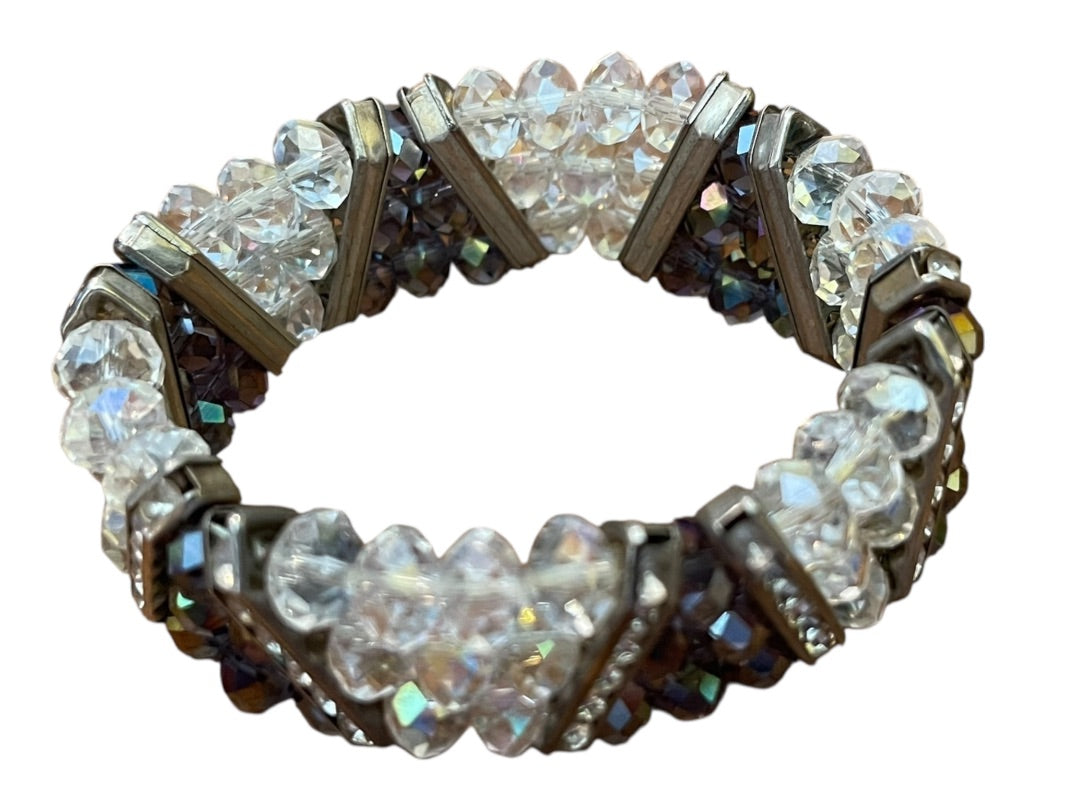 Sparkle Three Strand Stretch Bracelet Purple Clear Silvertone Rhinestone