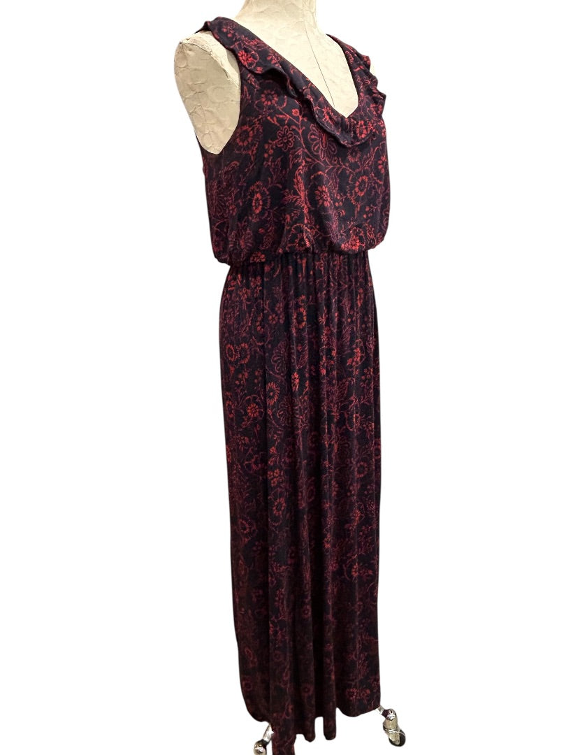 Medium Loft Navy Blue Red Floral V-Neck Tie Back Maxi Dress Soft Knit