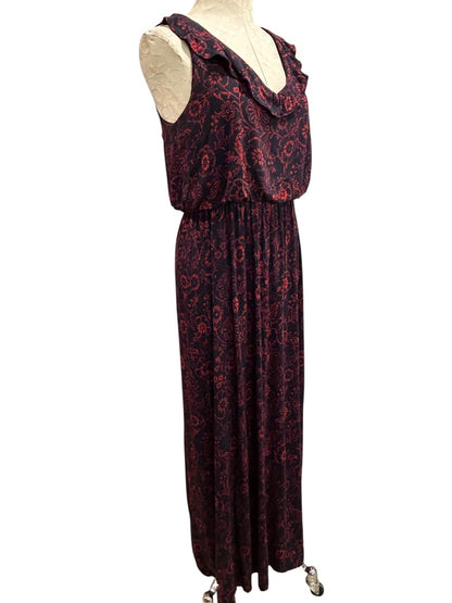 Medium Loft Navy Blue Red Floral V-Neck Tie Back Maxi Dress Soft Knit