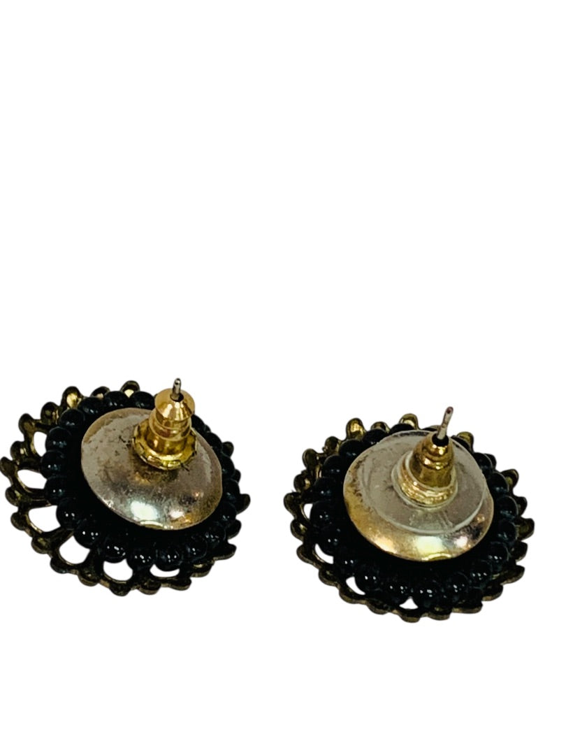 Retro Style Post Pierced Earrings Goldtone Black Beaded Rhinestones .8"