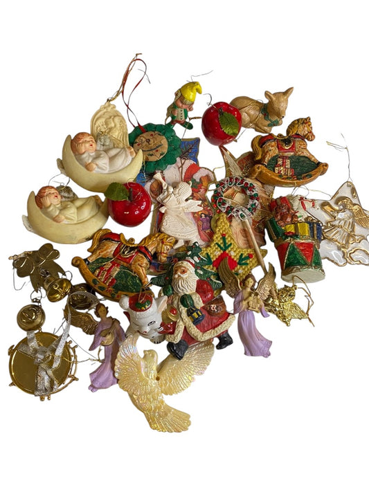 Lot of 25 Assorted Hanging Holiday Ornaments Bells Apple Drum Angel