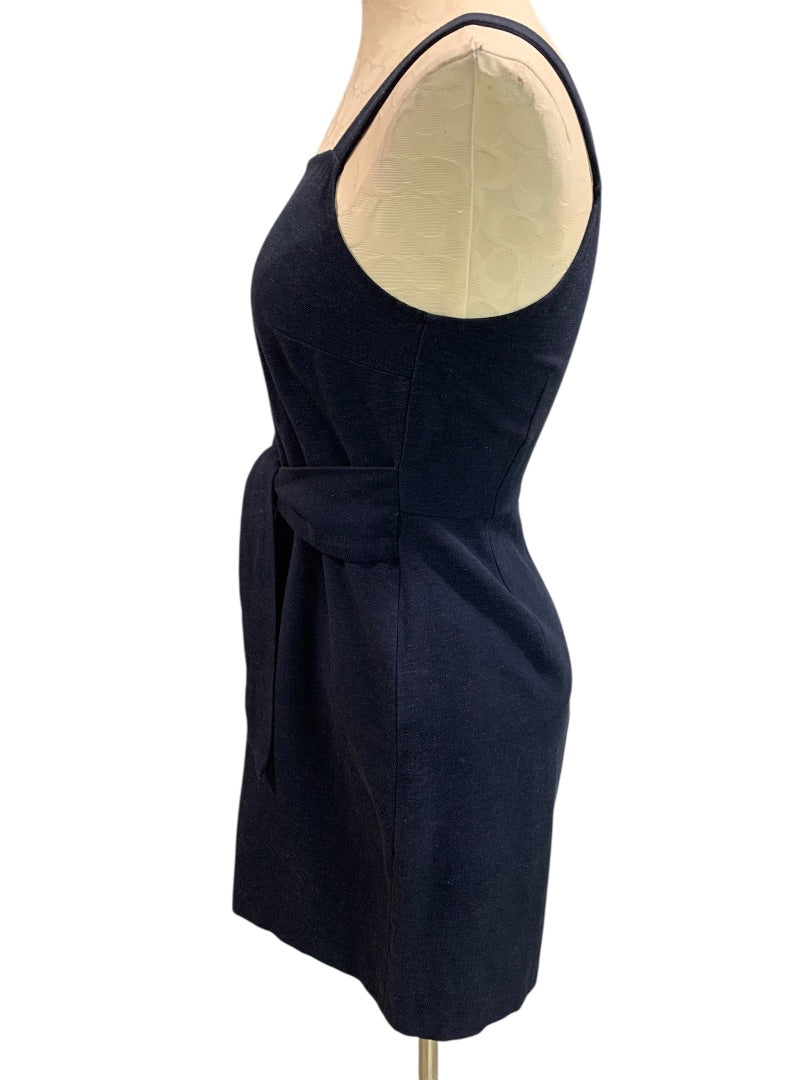 Size 4P Loft Navy Blue Belted Dress Sleeveless Back Zip Linen Blend
