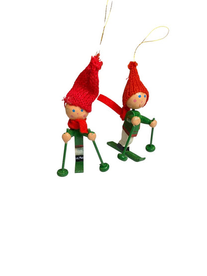 Vintage Wooden Christmas Holiday Ornaments Skiers 3" Green