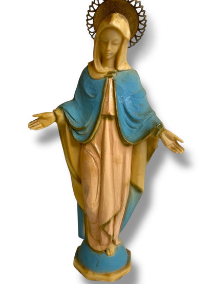 Vintage Virgin Mary Statue Figurine Acrylic Metal Pink Blue 6"