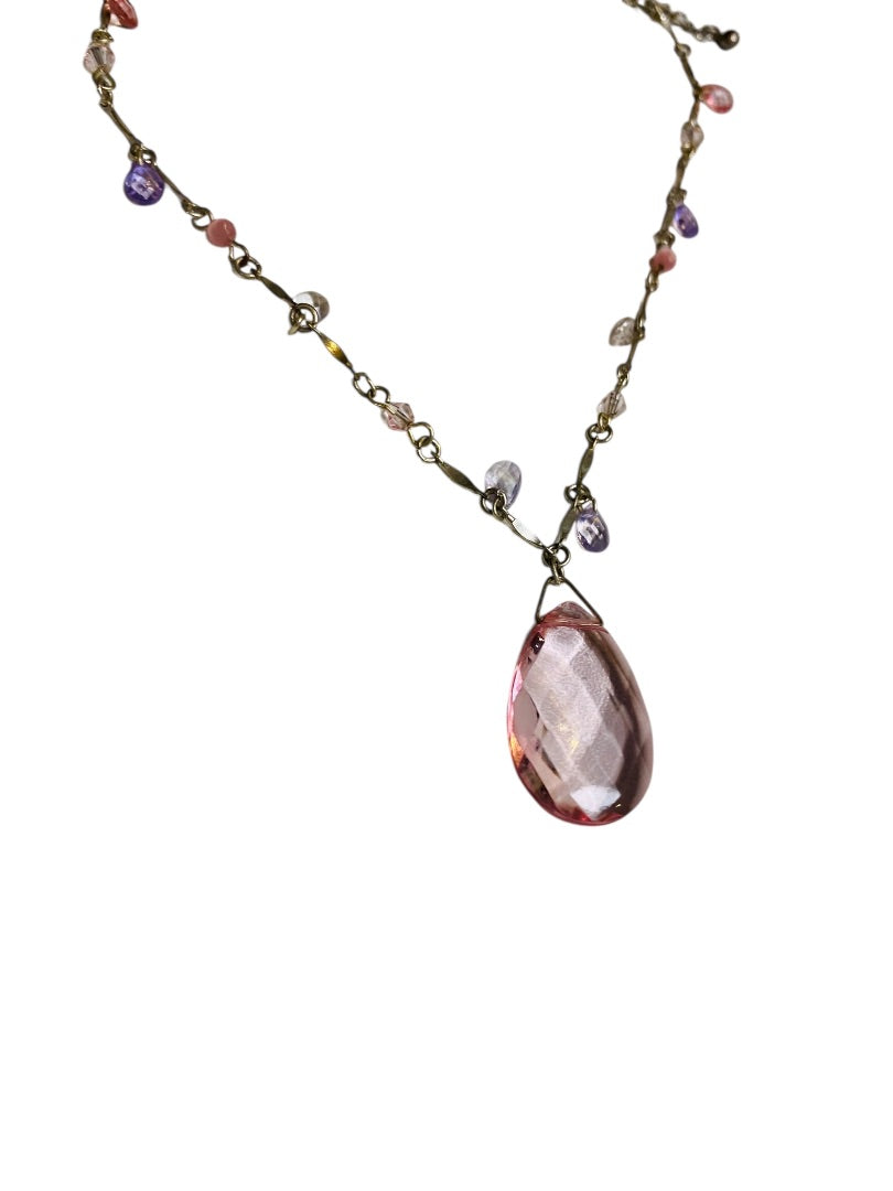 Silvertone Pink Beaded Necklace Spring Clasp 16-19"