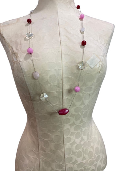 Silvertone Strand String Beaded Necklace Lobster Clasp Raspberry Pink Beads 36"