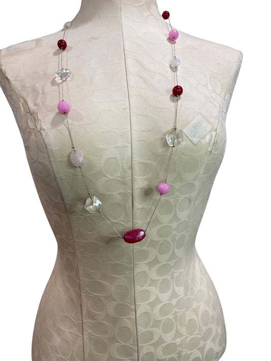 Silvertone Strand String Beaded Necklace Lobster Clasp Raspberry Pink Beads 36"