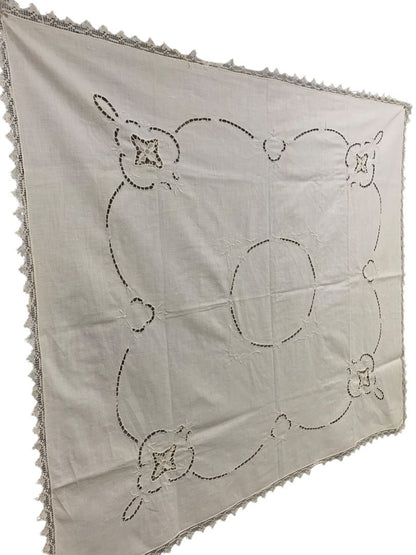 Vintage Ivory Linen Tablecloth Lace Edge 33" x 36"