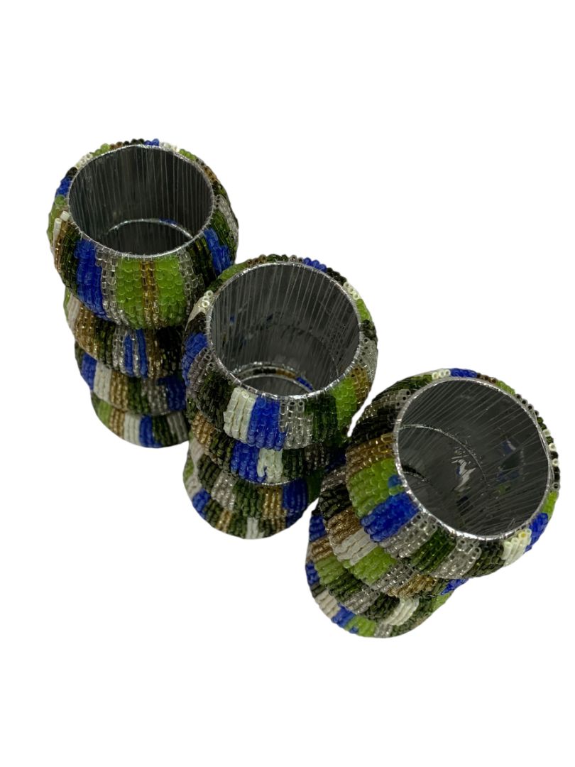Set of 12 Beaded Napkin Rings Silvertone White Blue Green Stripes