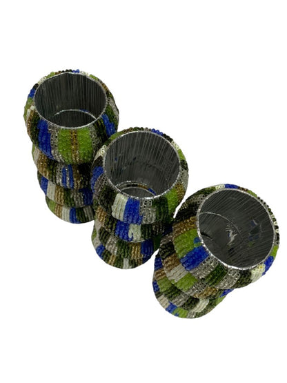Set of 12 Beaded Napkin Rings Silvertone White Blue Green Stripes