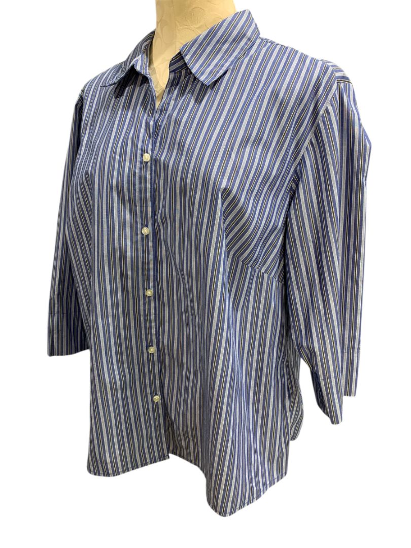 Size 1X ALS Wrinkle Free Blue Stripe Womens Button Up Shirt Wrinkle Free