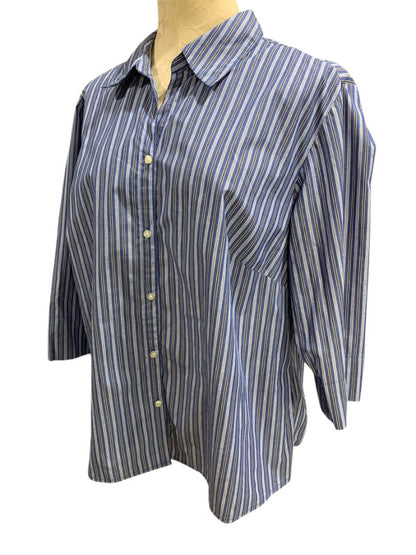 Size 1X ALS Wrinkle Free Blue Stripe Womens Button Up Shirt Wrinkle Free