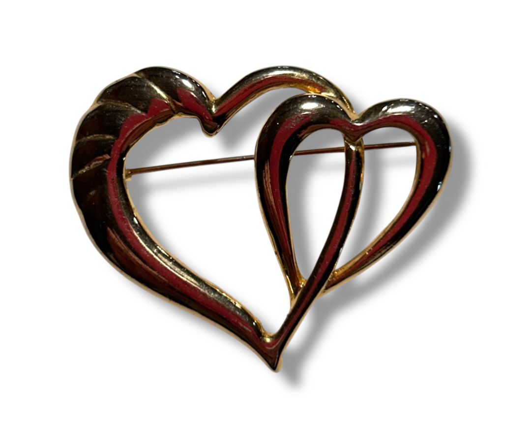 Goldtone Brooch Pin Intertwined Joined Hearts 1.75"