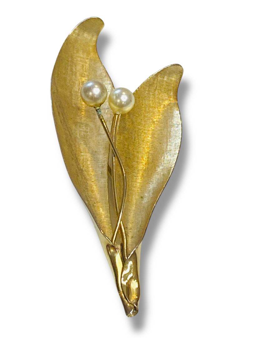 Vintage Signed Emmons Goldtone Faux Pearl Leaf Brooch 2.75"
