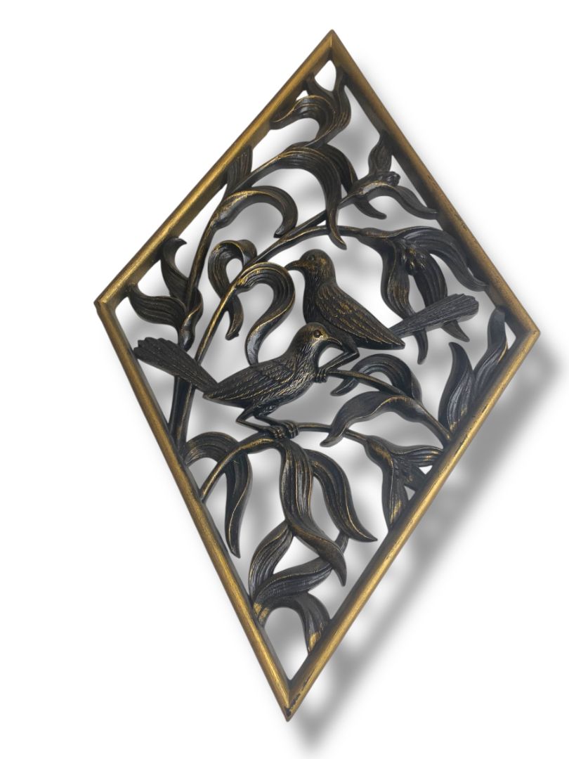 1970s Burwood Homco Wall Plaque  Birds Flower Diamond 16.75"h x 10.25"