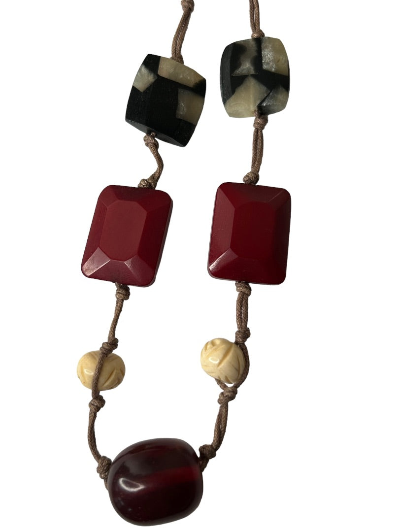 Vintage Boho 32" Necklace Knotted String Wood and Acrylic Chunky Beads