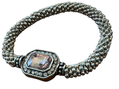 Silvertone Roll On Stretch Bracelet Pink Faceted Glass