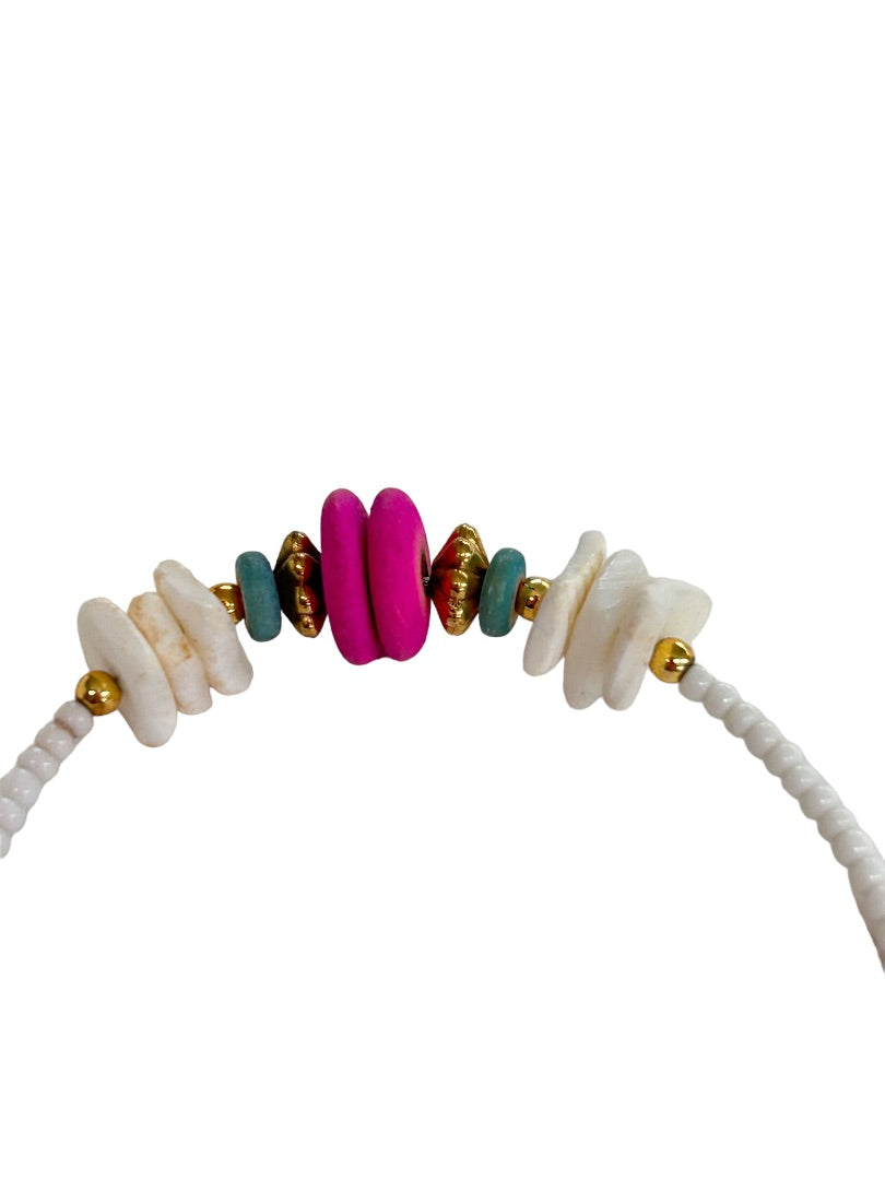 Beaded White 7" Clasp Bracelet Green Pink Goldtone