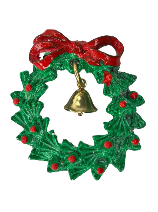 Vintage Holiday Christmas Wreath with Bell Brooch Pin 1 5/8" Diameter