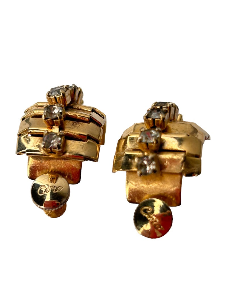 Signed Coro Screwback Non-Pierced Earrings Goldtone Rhinestone Hoop 1 1/8"