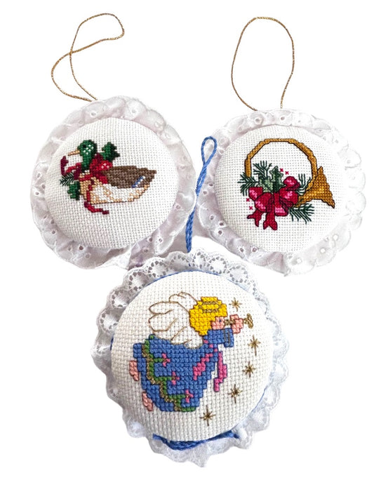 Set of 3 Handmade Cross Stitch Holiday Ornament Angel Duck Horn 2" Diameter