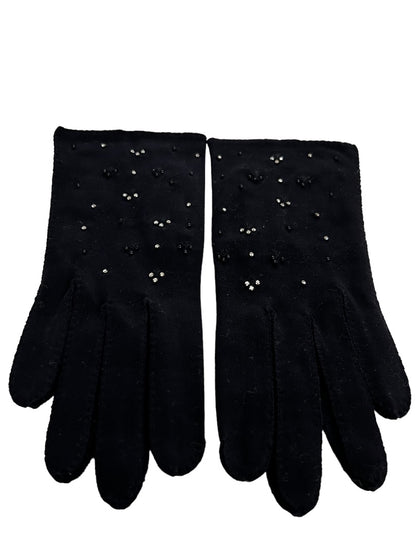 Size 7 Van Raalte Black Embellished Vintage 1950s Double Woven Cotton Gloves USA