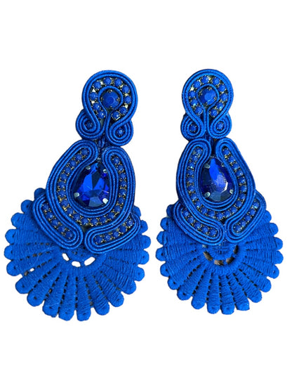 Soutache Post Pierced Statement Flat Ribbon Earrings Royal Blue 3.75"