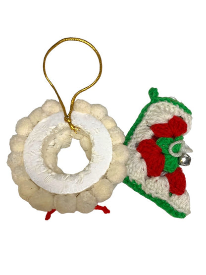 Set of 2 Vintage 1980s Handmade Christmas Holiday Ornaments Stocking Crochet Pom Pom Wreath