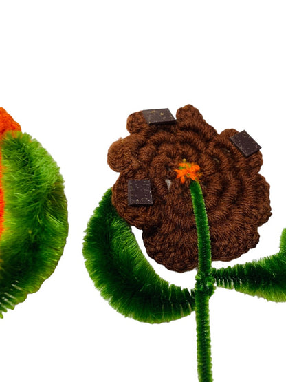 Handmade Vintage 1970s Flower Magnets Orange Brown Crochet Chenille Pipe Cleaner 7"