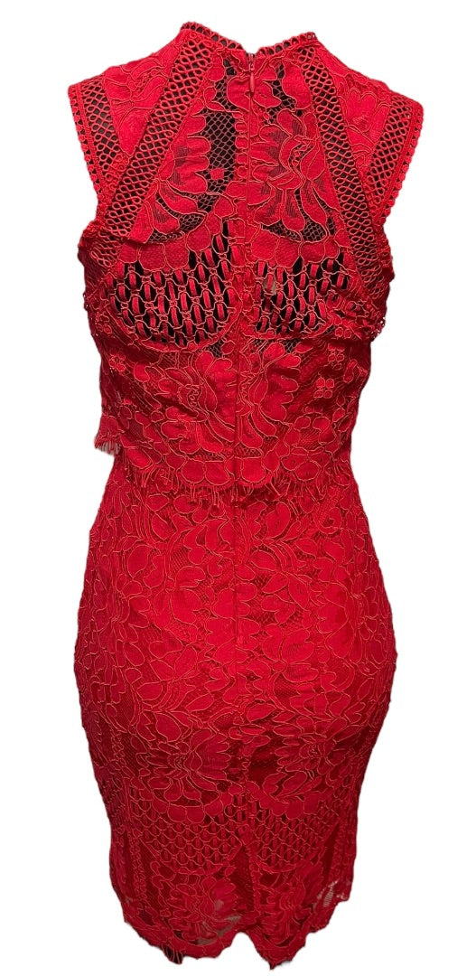 XS Lulus Sweetness Lace Crochet Overlay Sleeveless Fitted Midi Dress Back Zipper Red