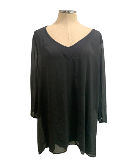 3X New Directions Curvy Soft Black V-Neck Pullover Top Shirt Sheer Sleeve Overlay