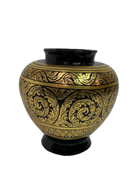 Vintage Vase Black Gold 5 Inches Painted Pottery Pot