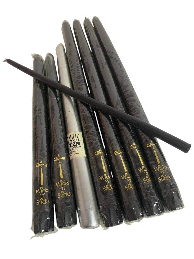 Lot of 8 Taper Candles 12 10 9 Black SilverWicks n Sticks