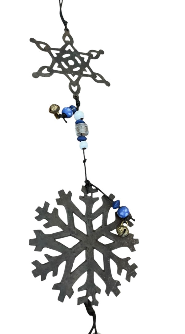 Rustic 3 Metal Snowflakes with Beads  Bells Windchime 24 Length