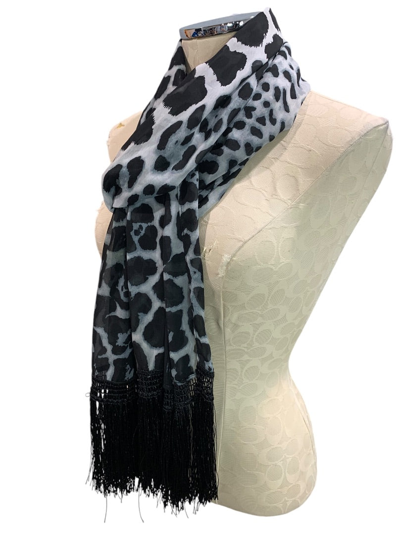 Womens Animal Print Fringed Scarf Lightweight Black White 84x18 Inches