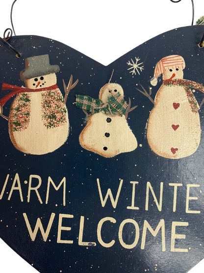 Wooden Heart Hanging Sign Plaque Warm Winter Welcome Snowman 6 Inch