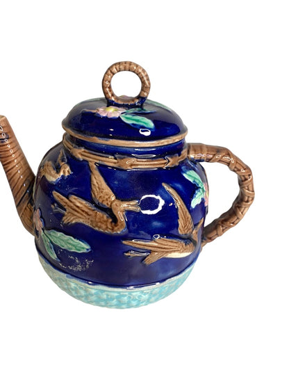 Majolica Flying Crane Teapot Cobalt Blue Forester Aesthetic