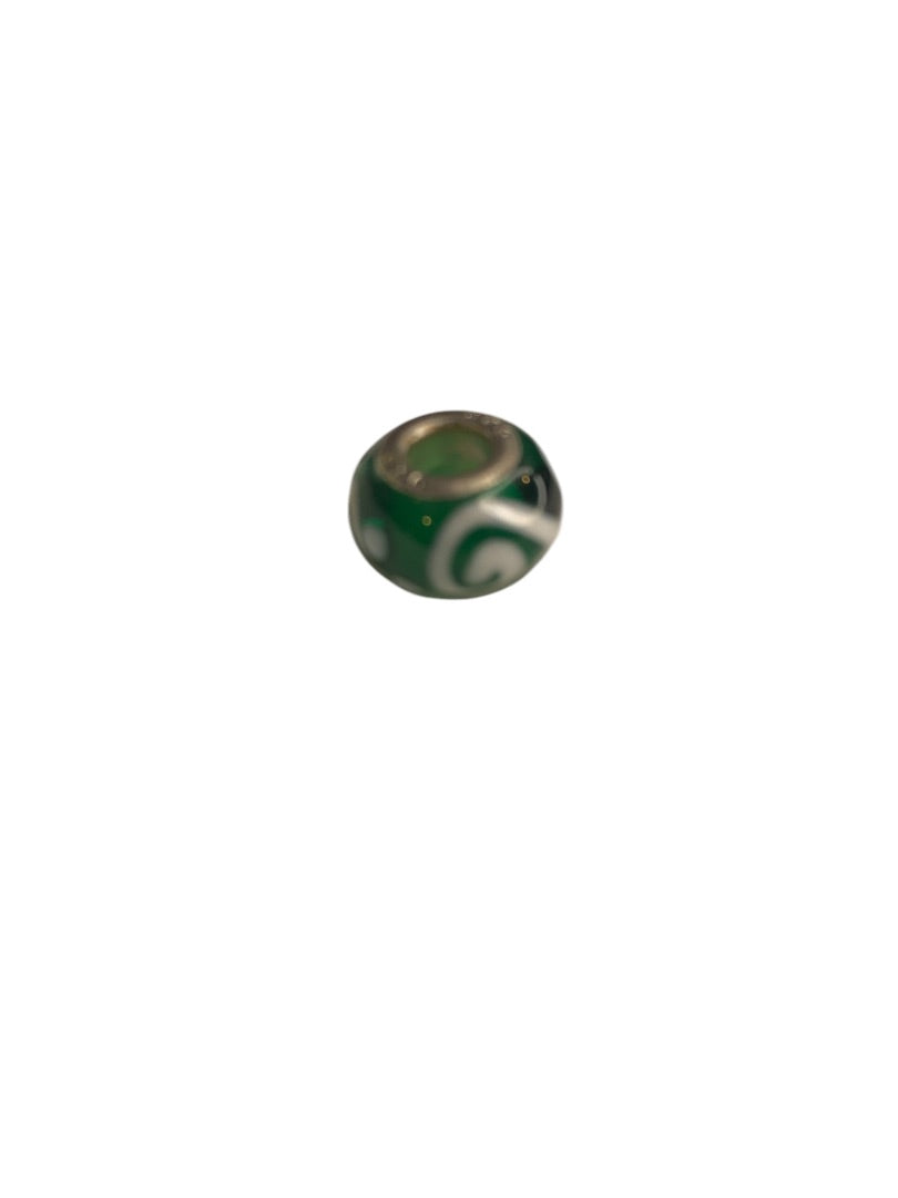 Slide Bead Green White Swirl Glass Charm Sterling Silver 925