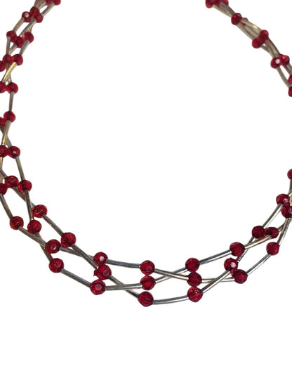 Silvertone Red Braided Strand Beaded Necklace 15-17 Inches Lobster Clasp