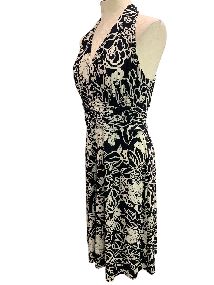 Size 12 Jones Wear Dress Black Ivory Print Pullover Stretch A-Line Midi