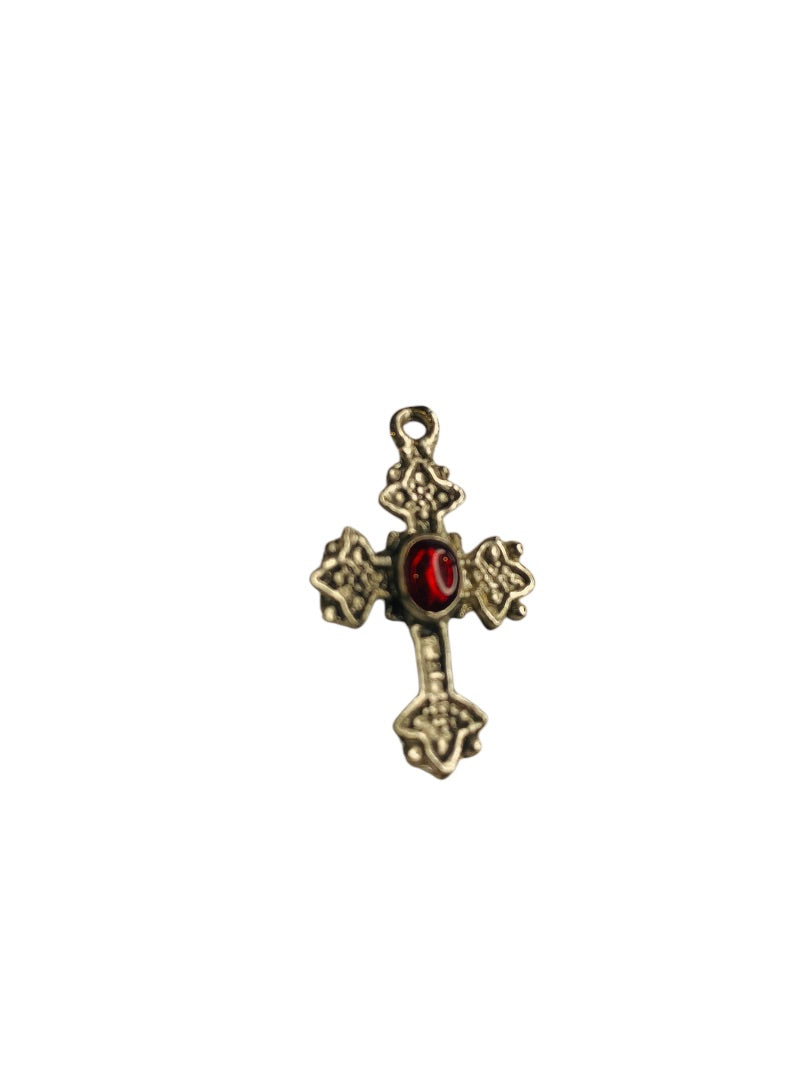 Silvertone Cross Pendant Charm Red Acrylic Inset 1.1 Inch Drop