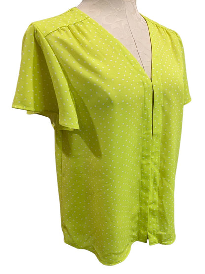XS Vince Camuto Womens Pullover Chartreuse Dot Shirt Blouse Short Sleeve