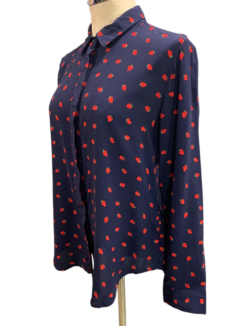 Medium Per Se Womens Button Up Shirt Strawberry Print Blouse Rayon