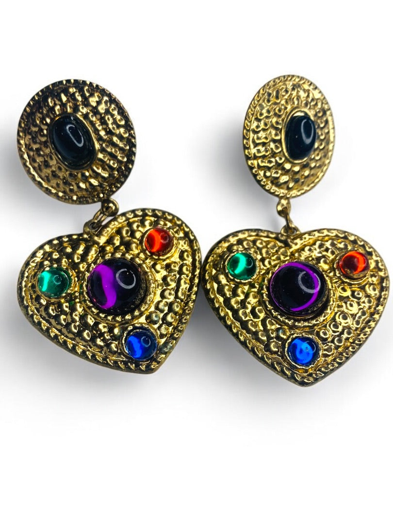 1980s Heart Goldtone Lightweight Earrings Post Pierced 2.3" Drop